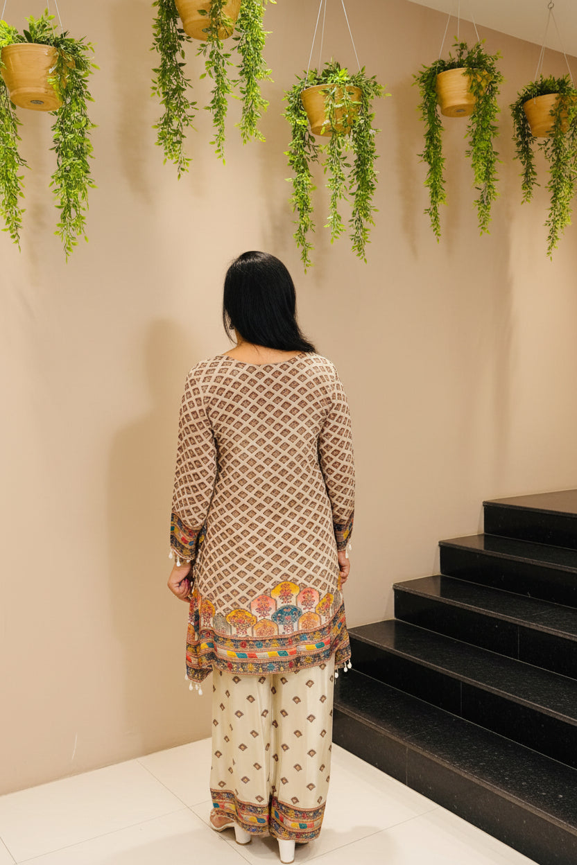 BEIGE PURE CRAPE EMBROIDERED PLAZZO SET WITH DUPATTA