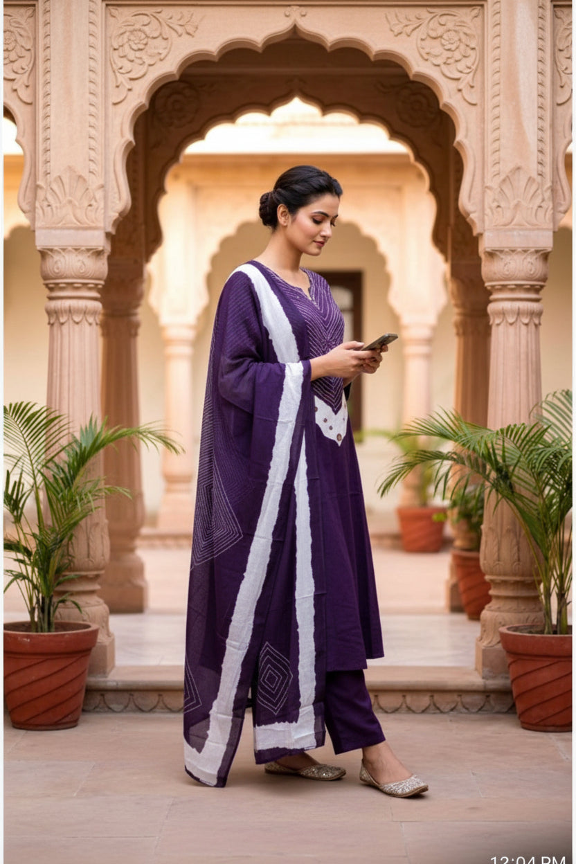 Purple Bandhej Mul Cotton Suit Set | 3-Piece Ethnic Wear I Bhaviaura