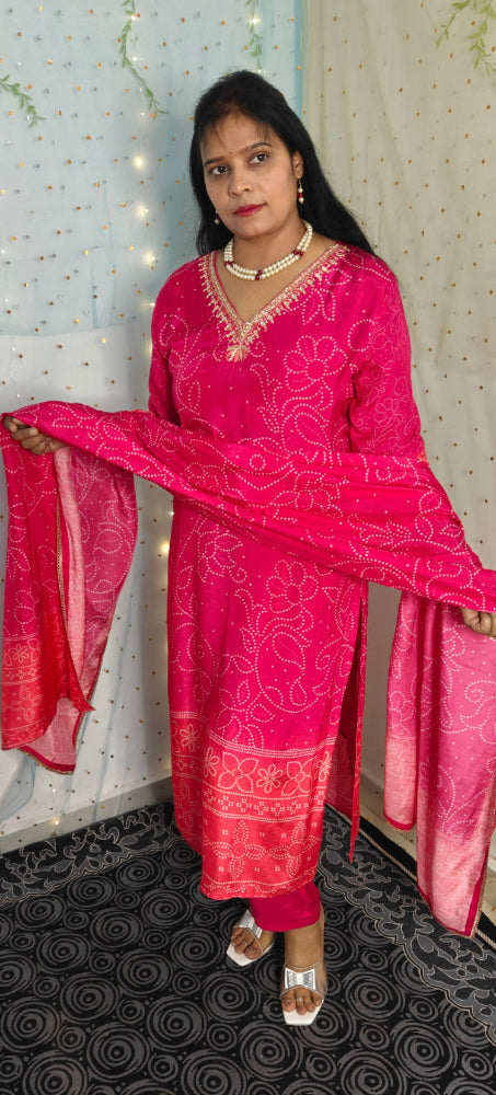 PINK AND ORANGE PURE VISCOSE BANDHANI SUIT SET