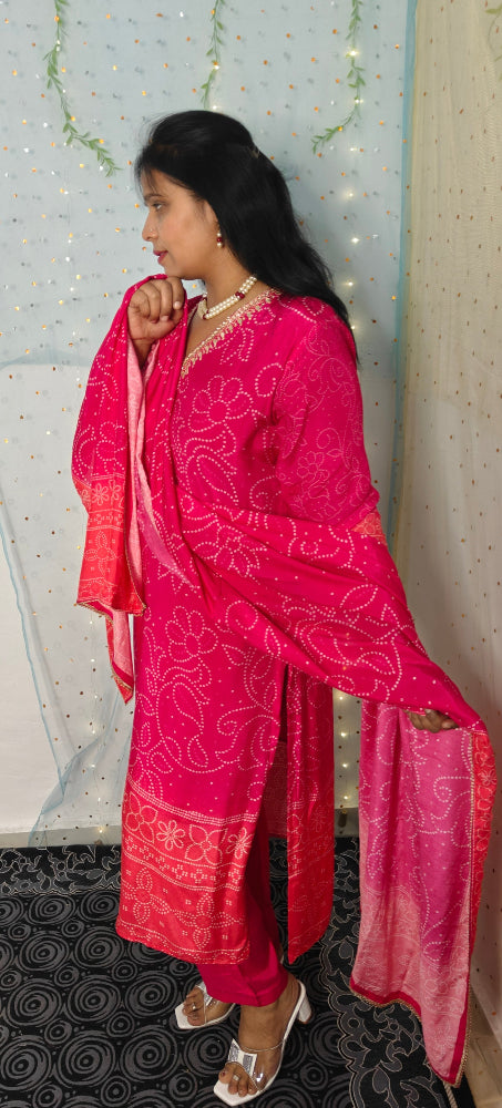 PINK AND ORANGE PURE VISCOSE BANDHANI SUIT SET