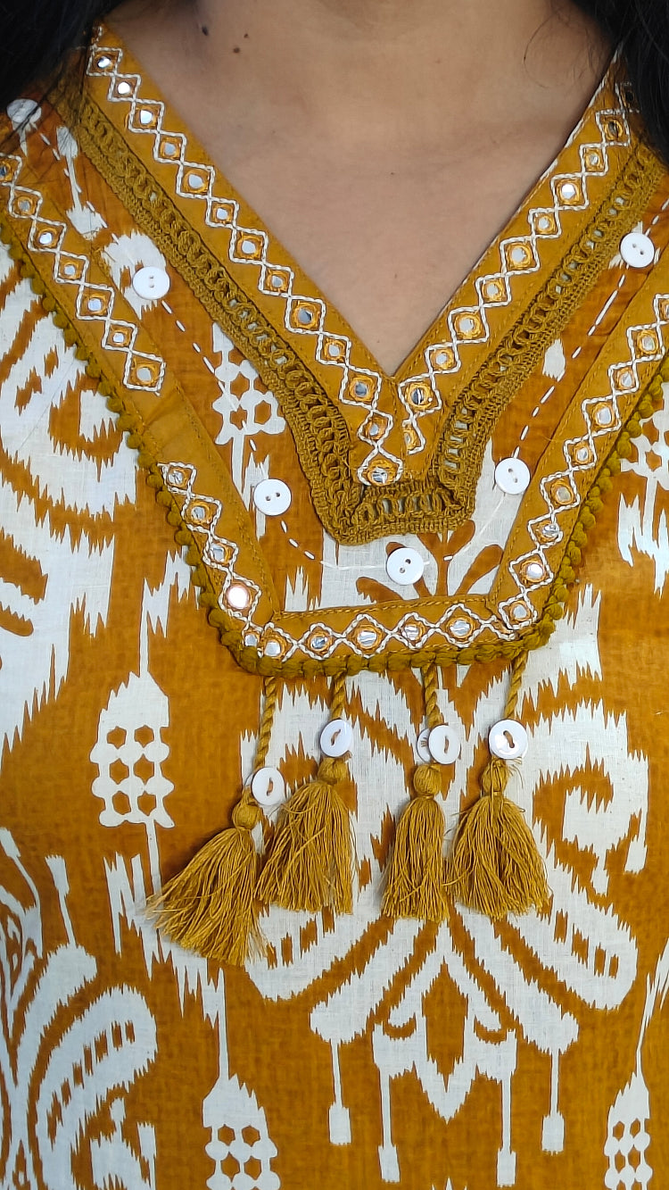 MUSTARD IKKAT PRINT MUL COTTON SUIT SET