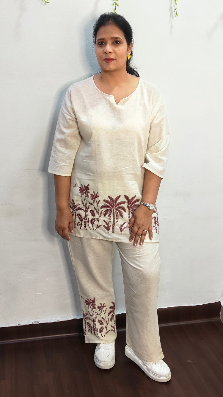 TROPICAL OASIS EMBRODERED OFF - WHITE KHADI CO-ORD SET