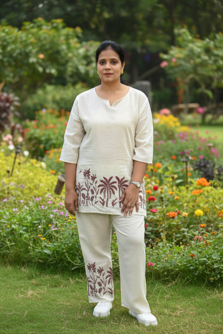 TROPICAL OASIS EMBRODERED OFF - WHITE KHADI CO-ORD SET