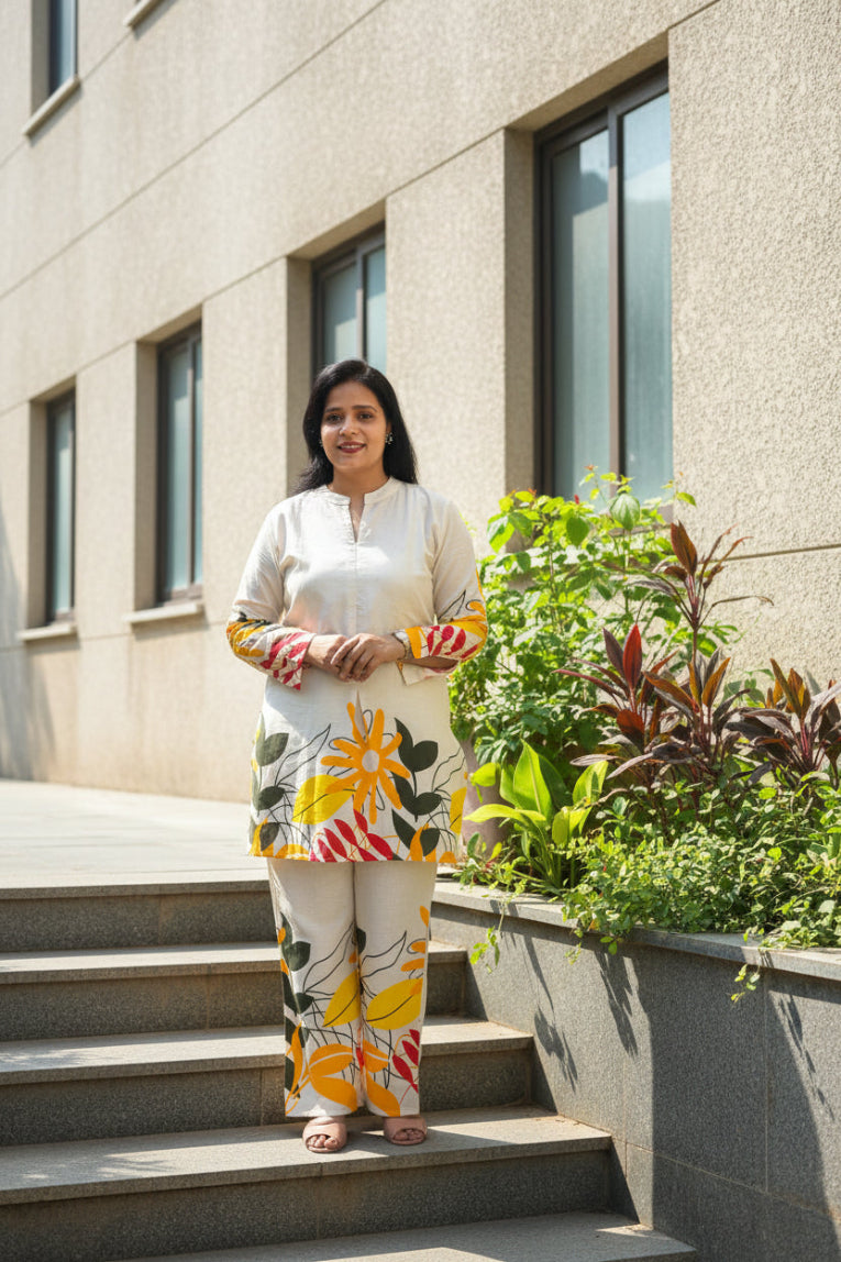 BHAVIJISORA OFF WHITE & GREEN FLORAL PRINTED KHADI COTTON CO-ORD SET