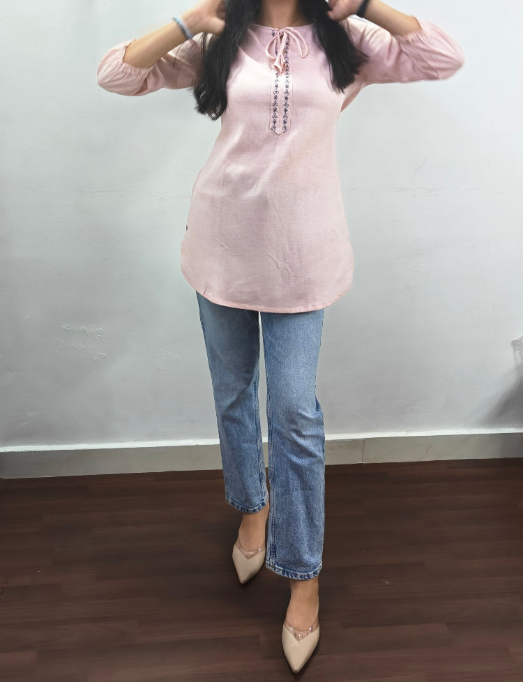 SHEWILL CASUAL EMBORDERED LINEN BABY PINK TOP