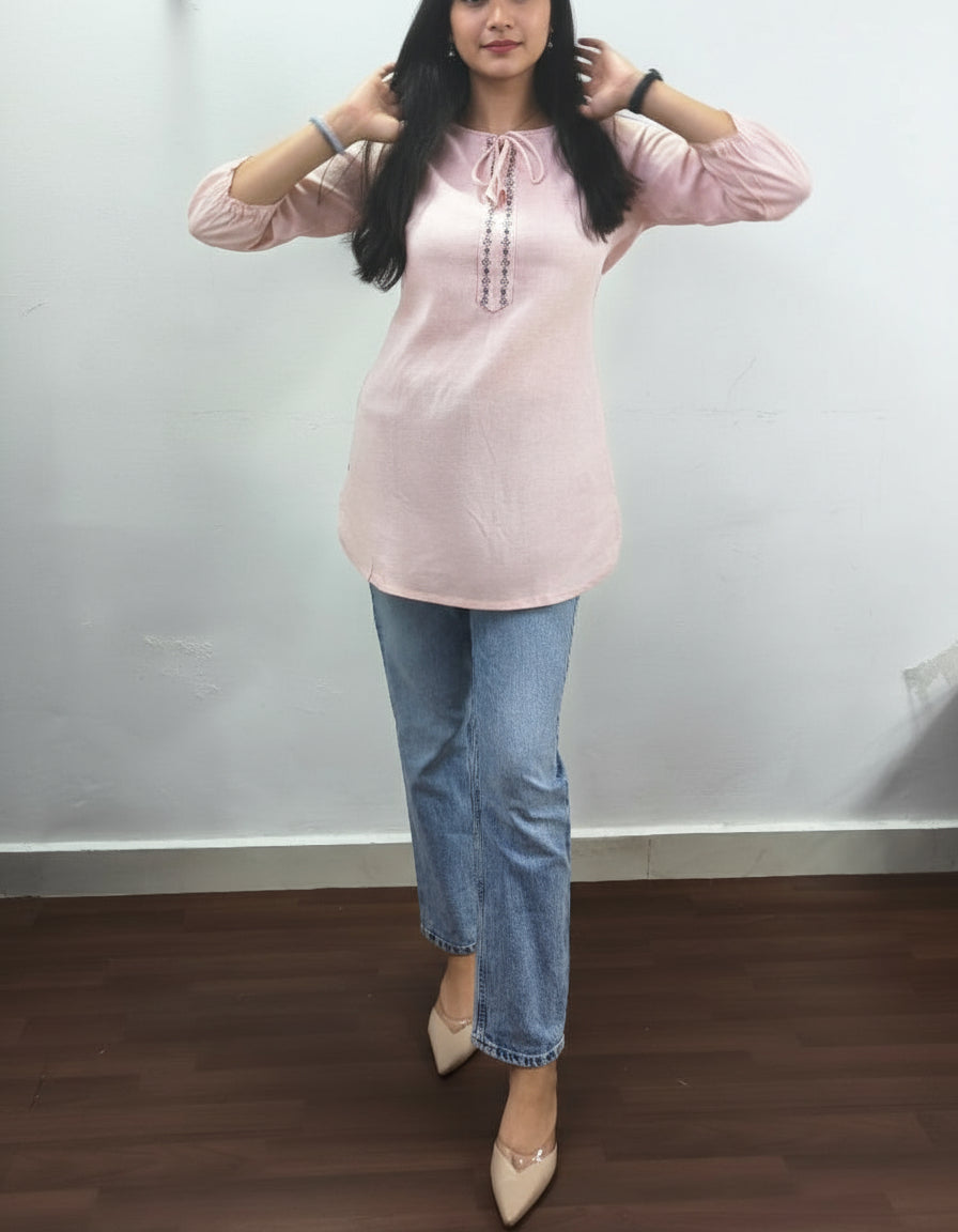 SHEWILL CASUAL EMBORDERED LINEN BABY PINK TOP