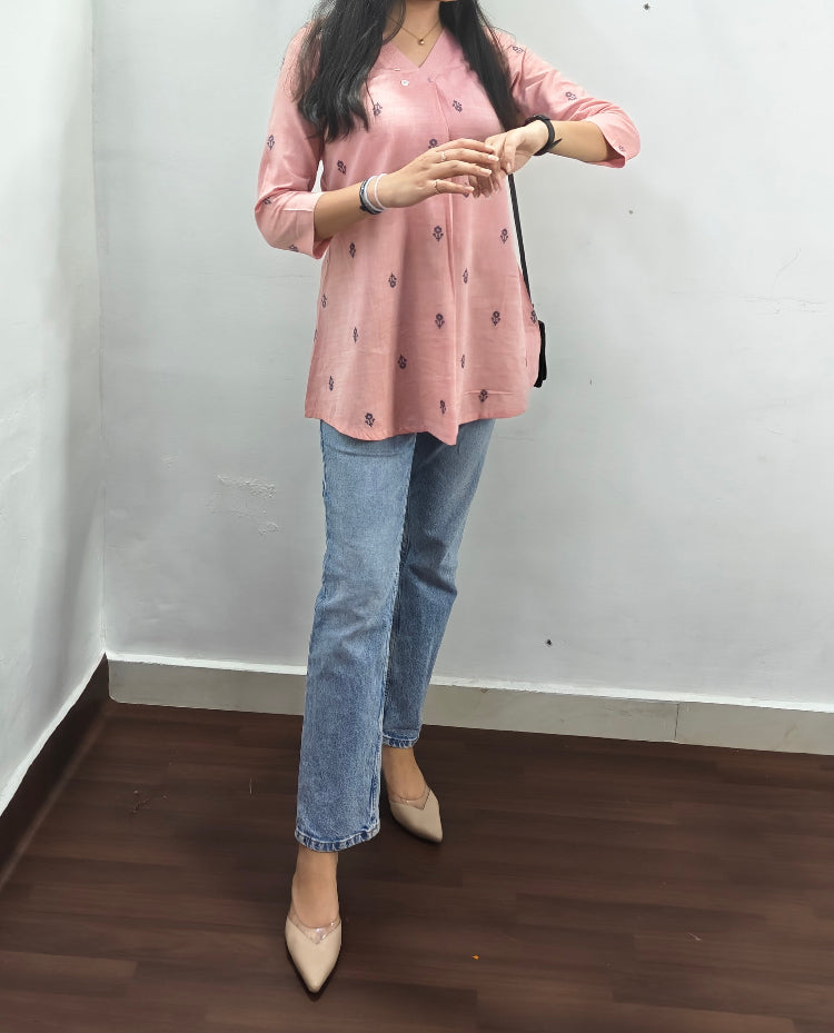 BLUSH PINK IKKAT SHORT KURTI