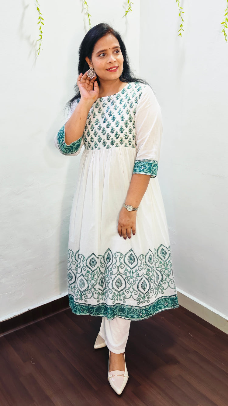 MUL COTTON WHITE & BLUE FLORAL BLOCK PRINT ANARKALI SUIT SET