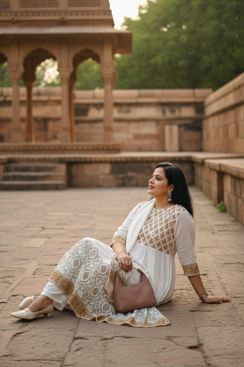 MUL COTTON YELLOW FLORAL BLOCK PRINT ANARKALI SUIT SET