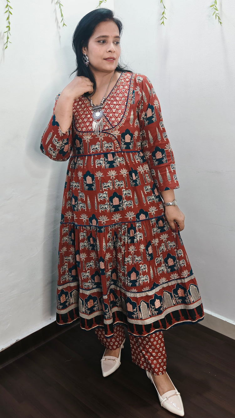 BHAVIAURA RED COTTON ANARKALI SUIT SET