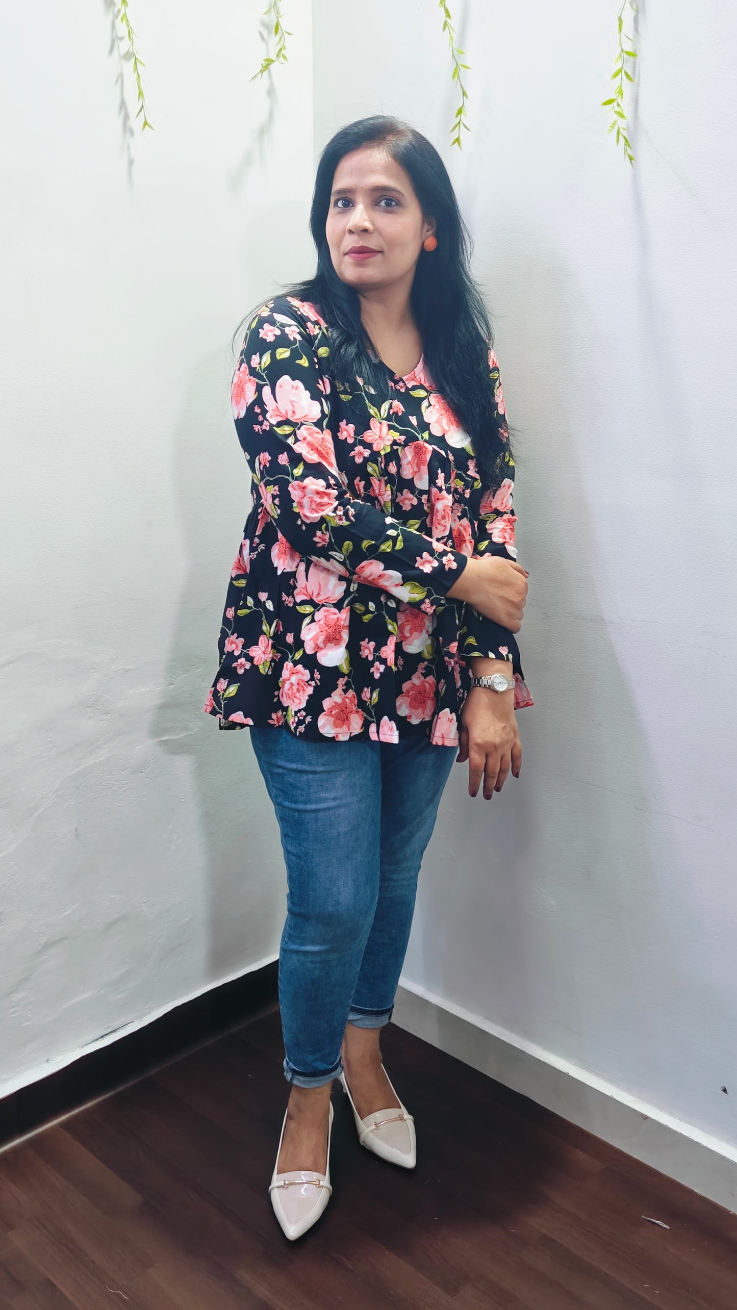 BLACK & PINK FLORAL PEPLUM SHORT KURTI
