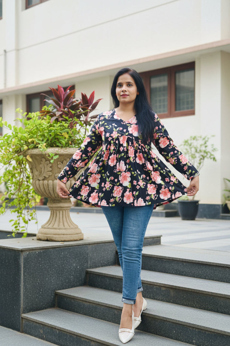 BLACK & PINK COTTON FLORAL PEPLUM SHORT KURTI