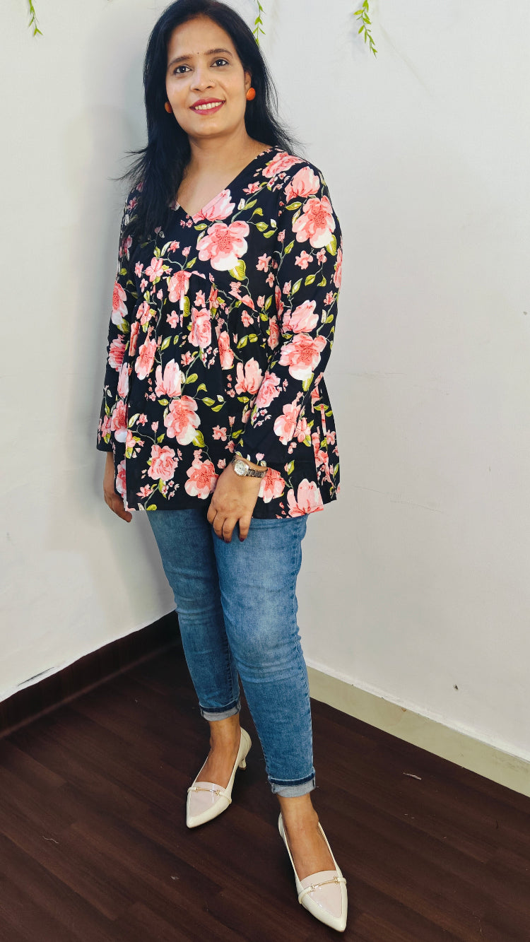 BLACK & PINK FLORAL PEPLUM SHORT KURTI