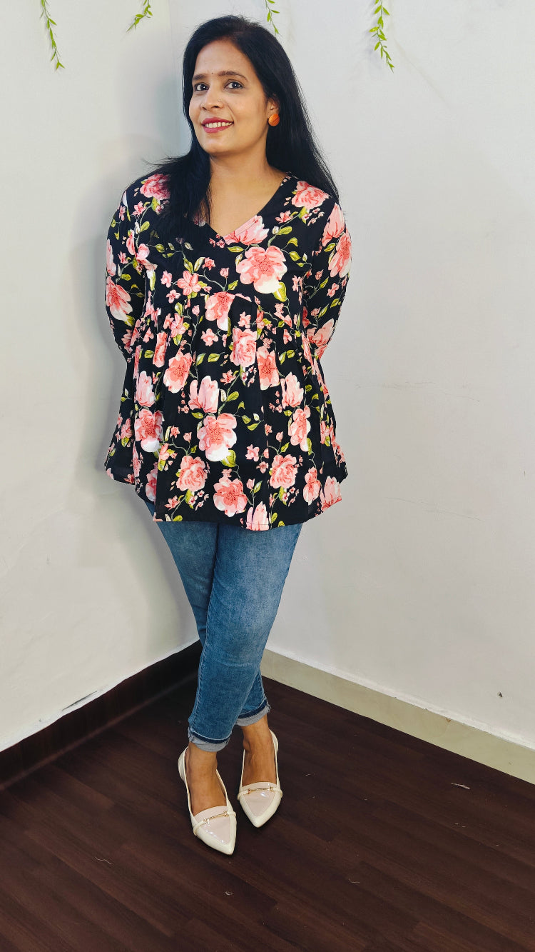 BLACK & PINK FLORAL PEPLUM SHORT KURTI