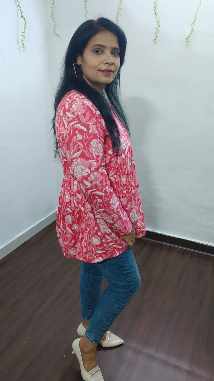 FLORAL PINK VISCOSE RAYON PEPLUM SHORT KURTI