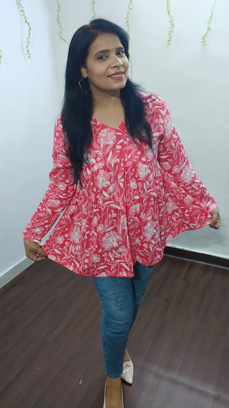 FLORAL PINK VISCOSE RAYON PEPLUM SHORT KURTI