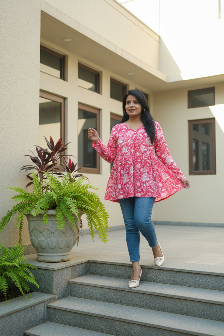 FLORAL PINK COTTON PEPLUM SHORT KURTI