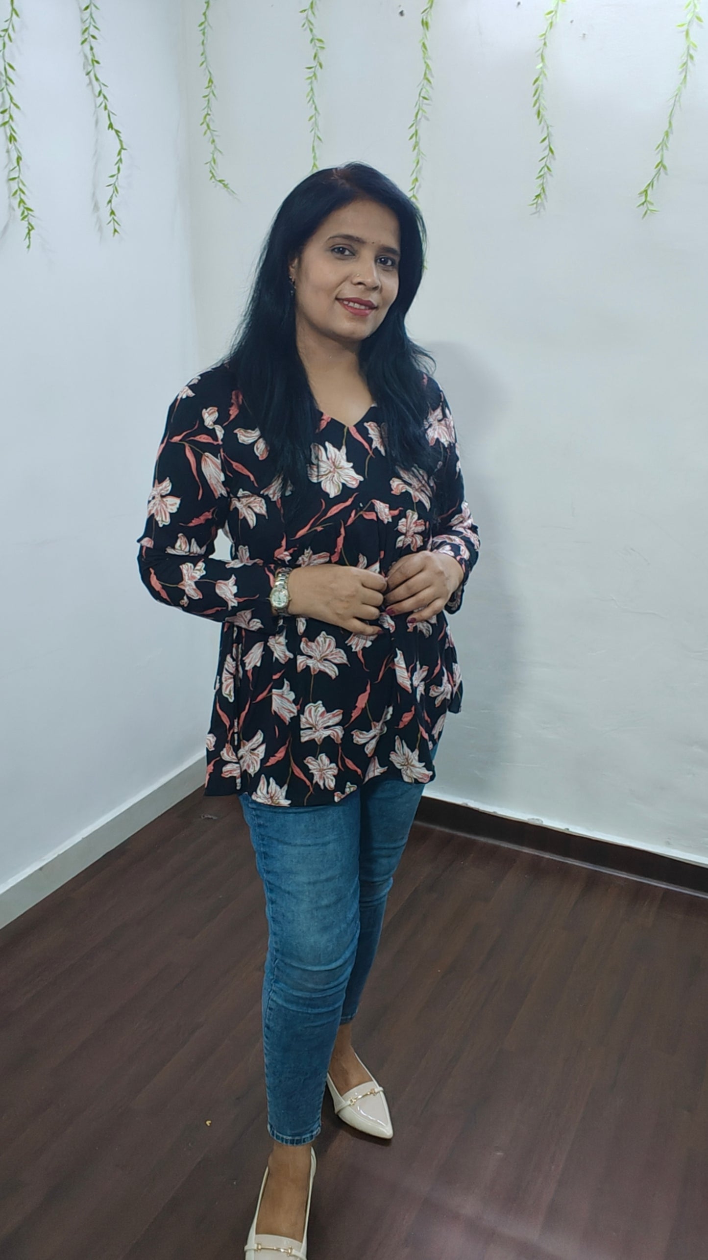 BLACK COTTON V-NECK PEPLUM TOP – SELF DESIGN I HIBISCUS PRINT
