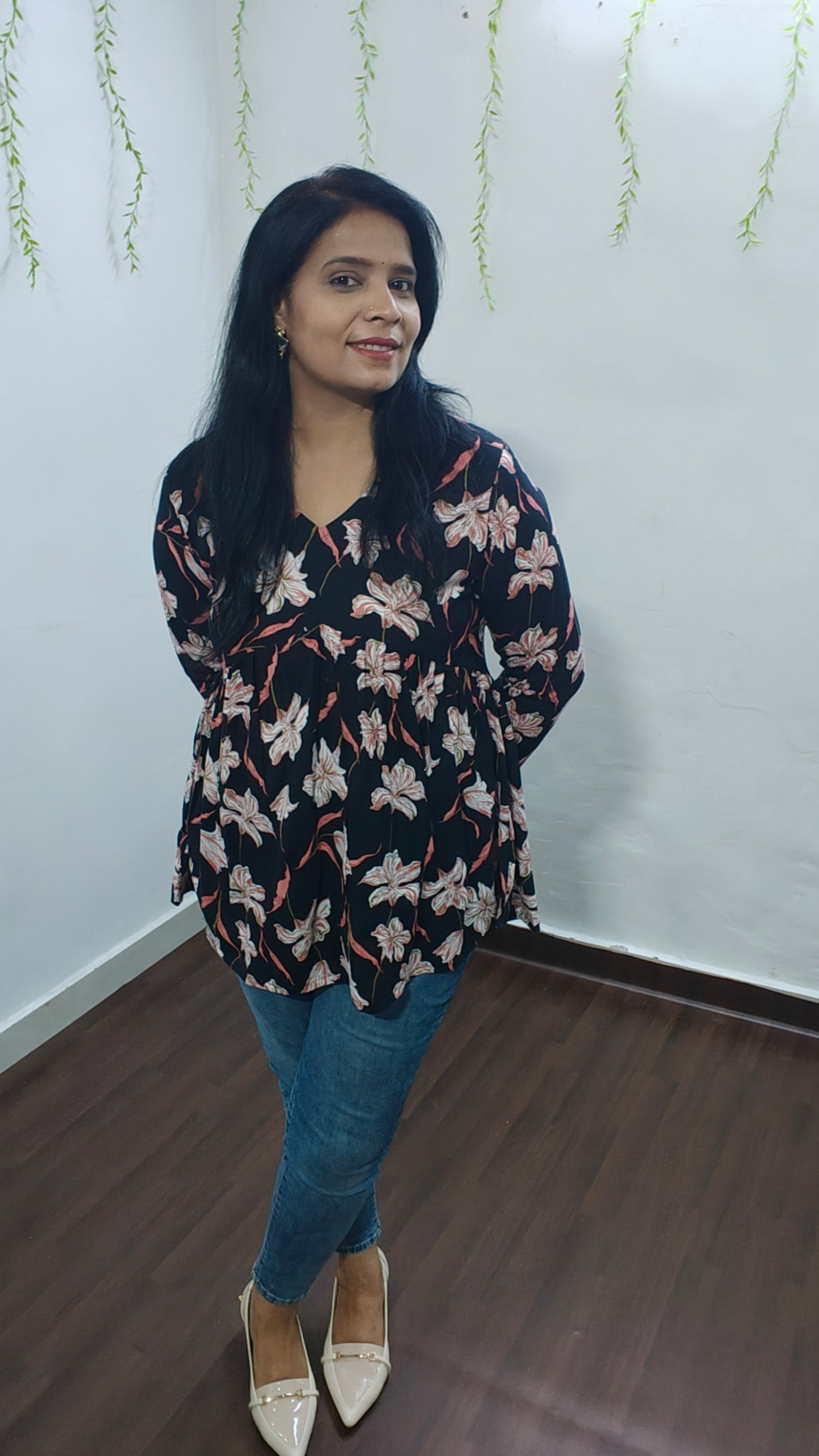 BLACK COTTON V-NECK PEPLUM TOP – SELF DESIGN I HIBISCUS PRINT