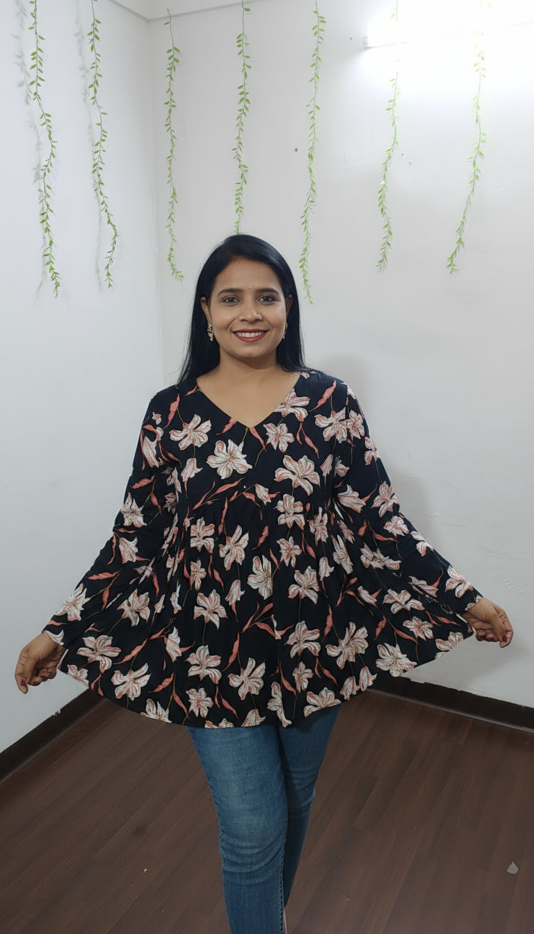 BLACK COTTON V-NECK PEPLUM TOP – SELF DESIGN I HIBISCUS PRINT
