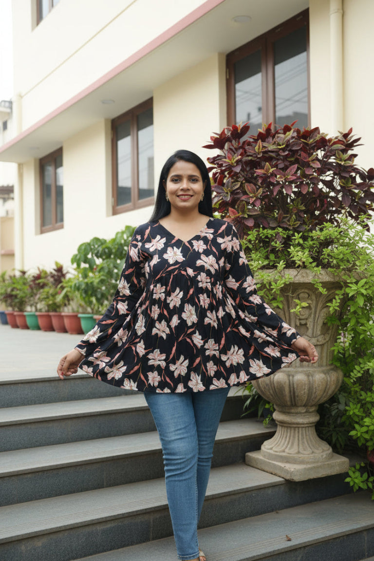 BLACK COTTON V-NECK PEPLUM TOP – SELF DESIGN I HIBISCUS PRINT