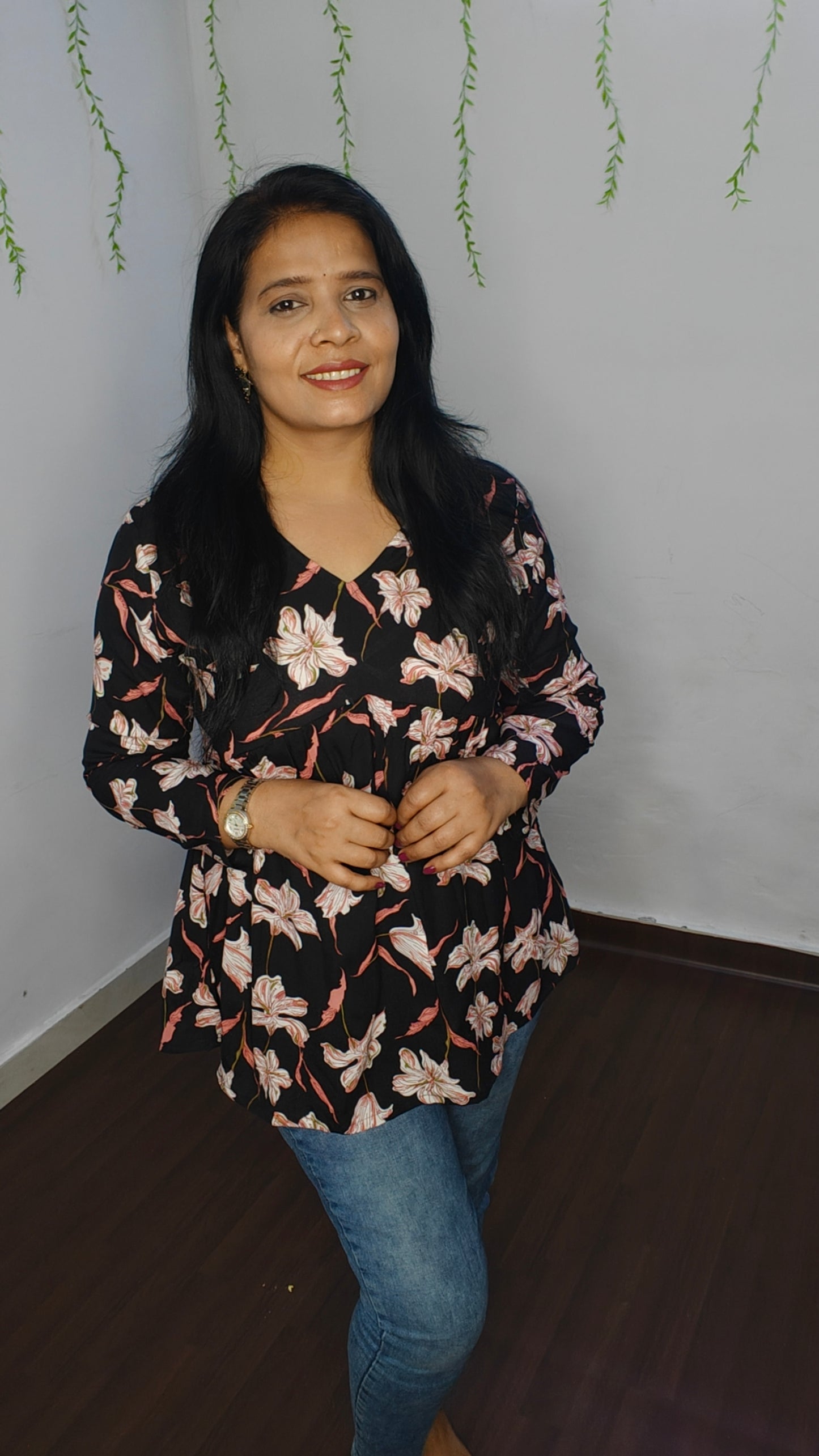 BLACK COTTON V-NECK PEPLUM TOP – SELF DESIGN I HIBISCUS PRINT