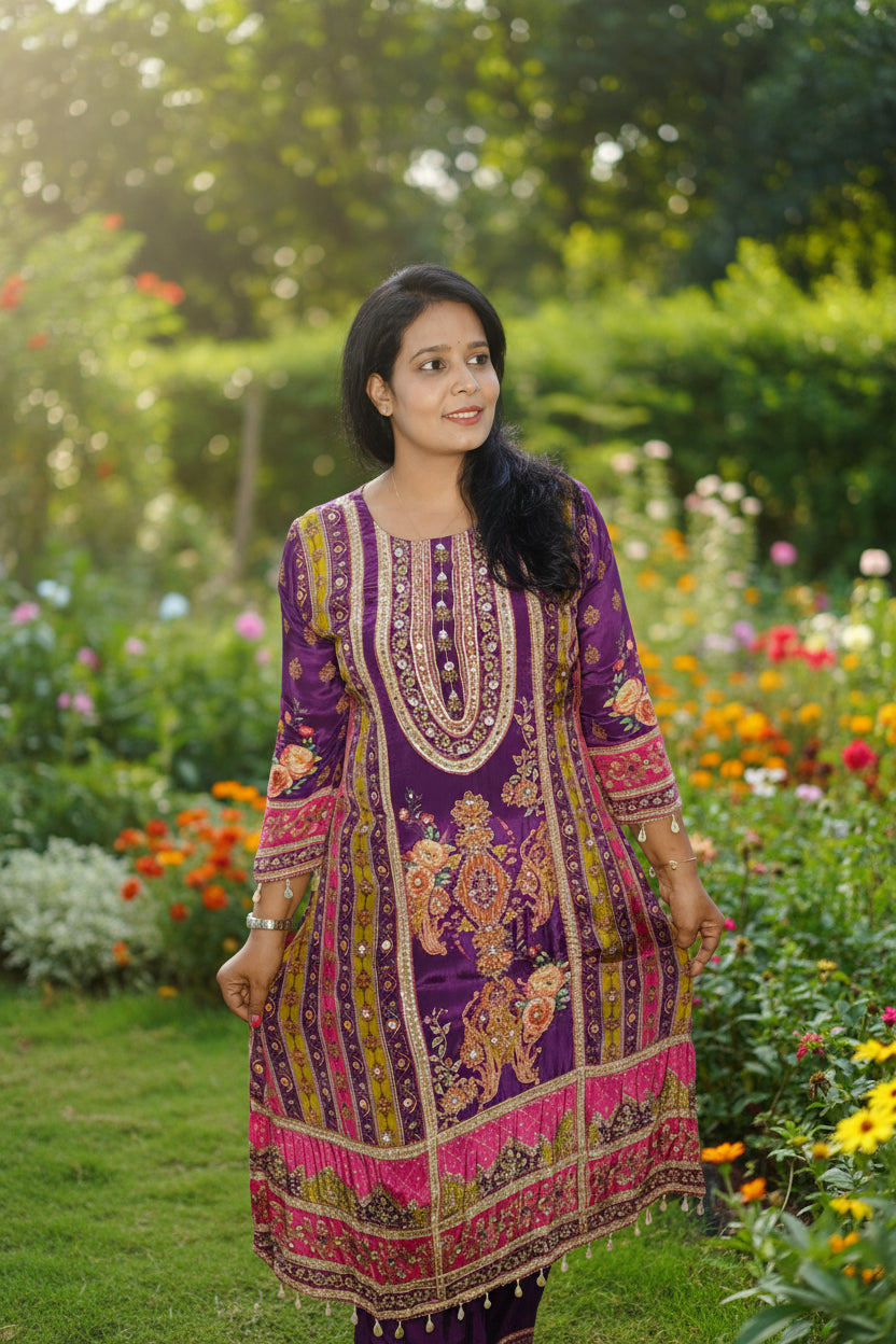 PURPLE PURE CREPE A- LINE DIGITAL WORK WITH ZARI WORK DETAILING SUIT SET OF 3