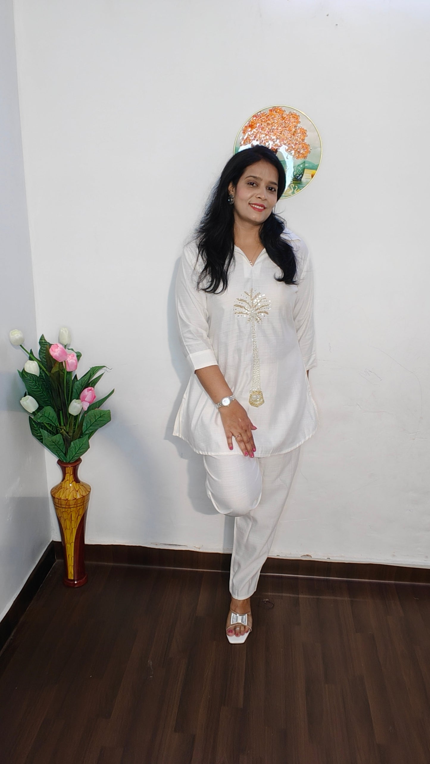 SNOW WHITE EMBROIDERED PLAM TREE CO-ORD SET