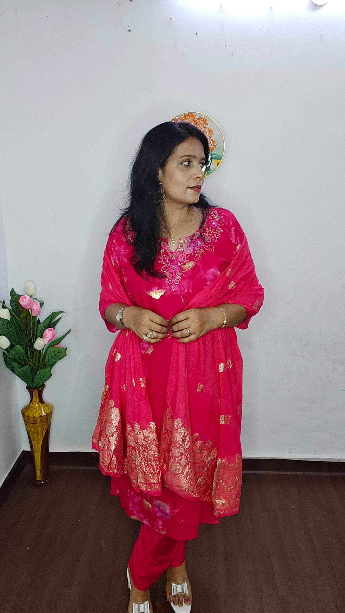 PINK EMBROIDERED SUIT SET WITH BANARASI DUPPATA