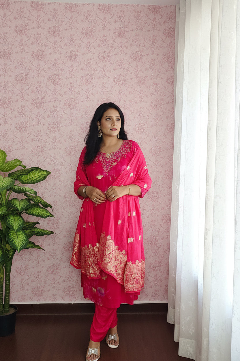 PINK EMBROIDERED SUIT SET WITH BANARASI DUPPATA