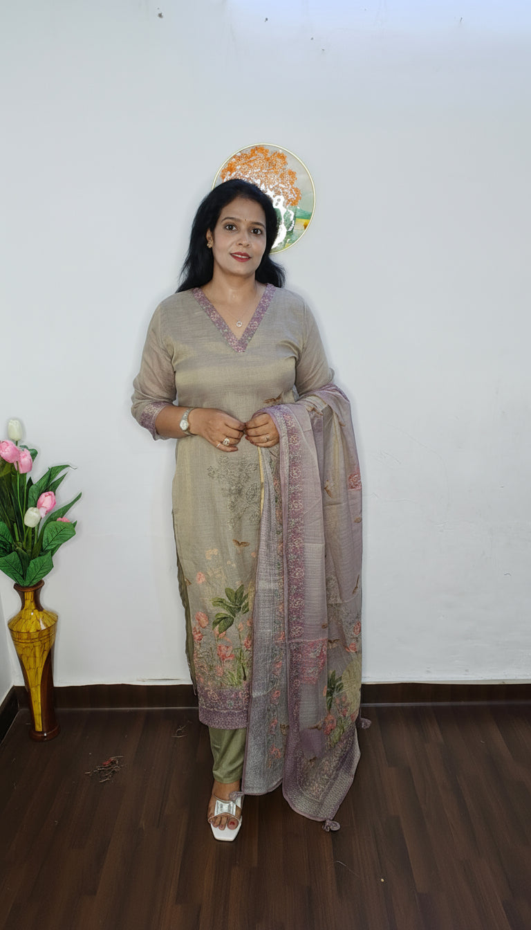 ELEGANT GREY LINEN SUIT FRENCH KNOT HAND EMBROIDERY