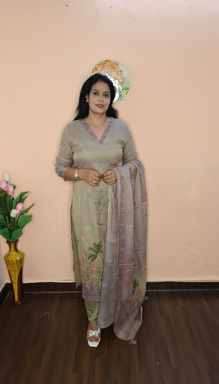 ELEGANT GREY LINEN SUIT FRENCH KNOT HAND EMBROIDERY