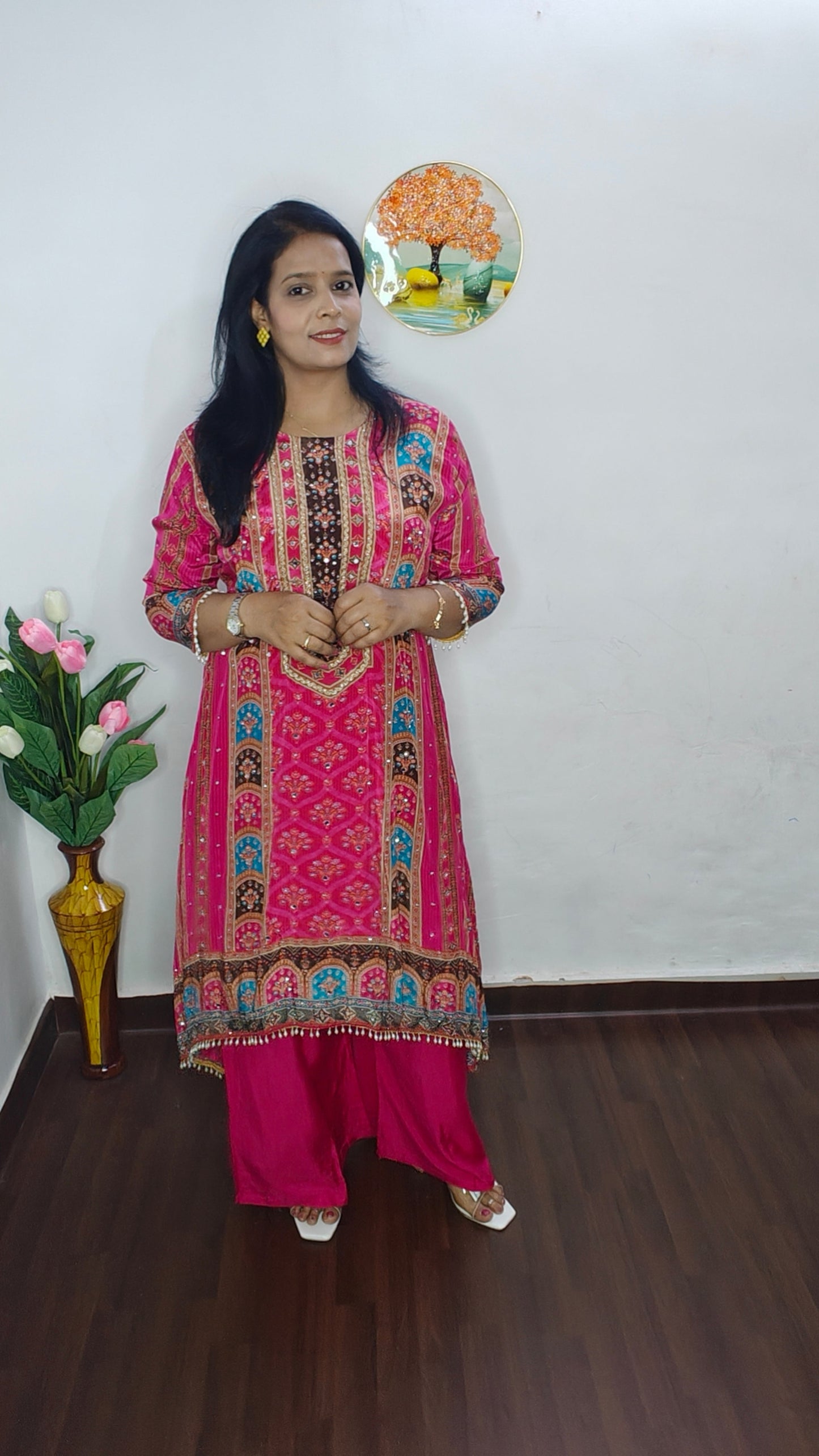 RANI PINK A-LINE EMBROIDERED TUSSEL CREPE PLAZZO SET