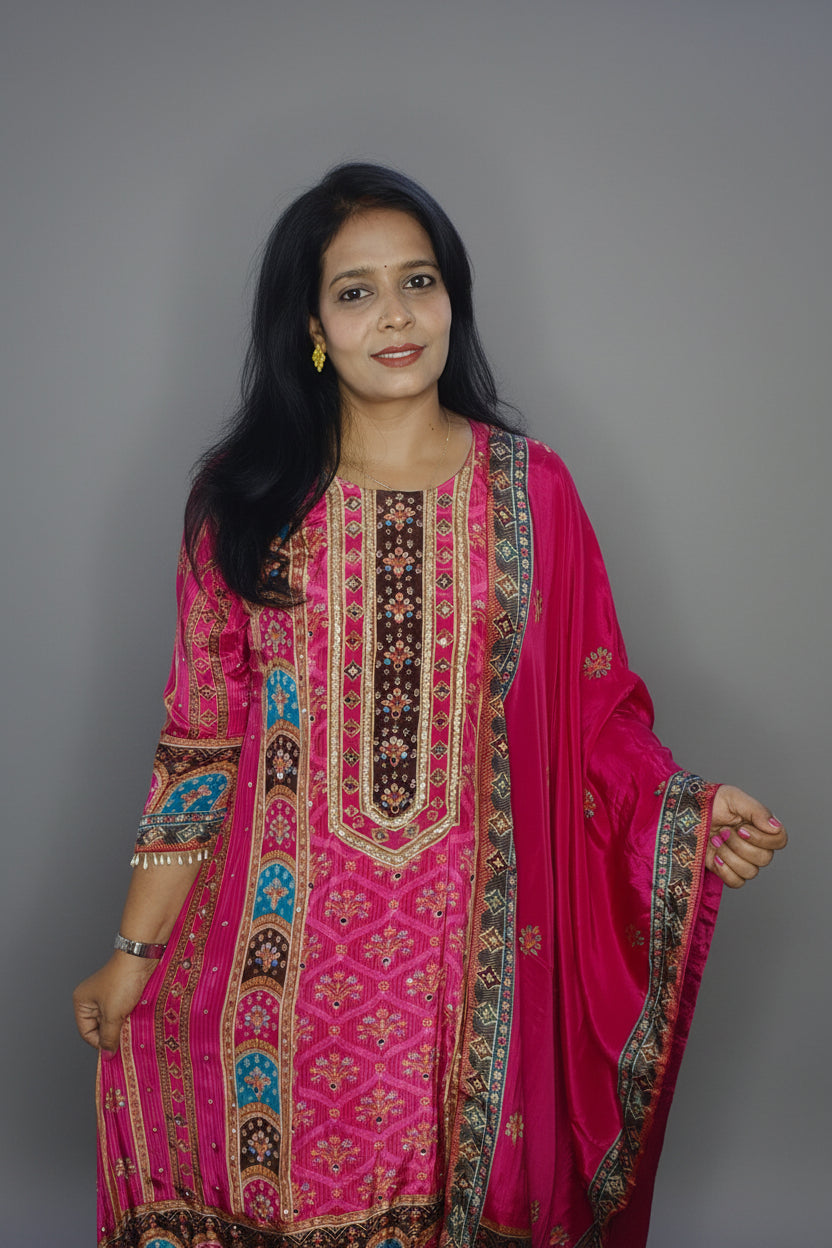 RANI PINK A-LINE EMBROIDERED TUSSEL CREPE PLAZZO SET
