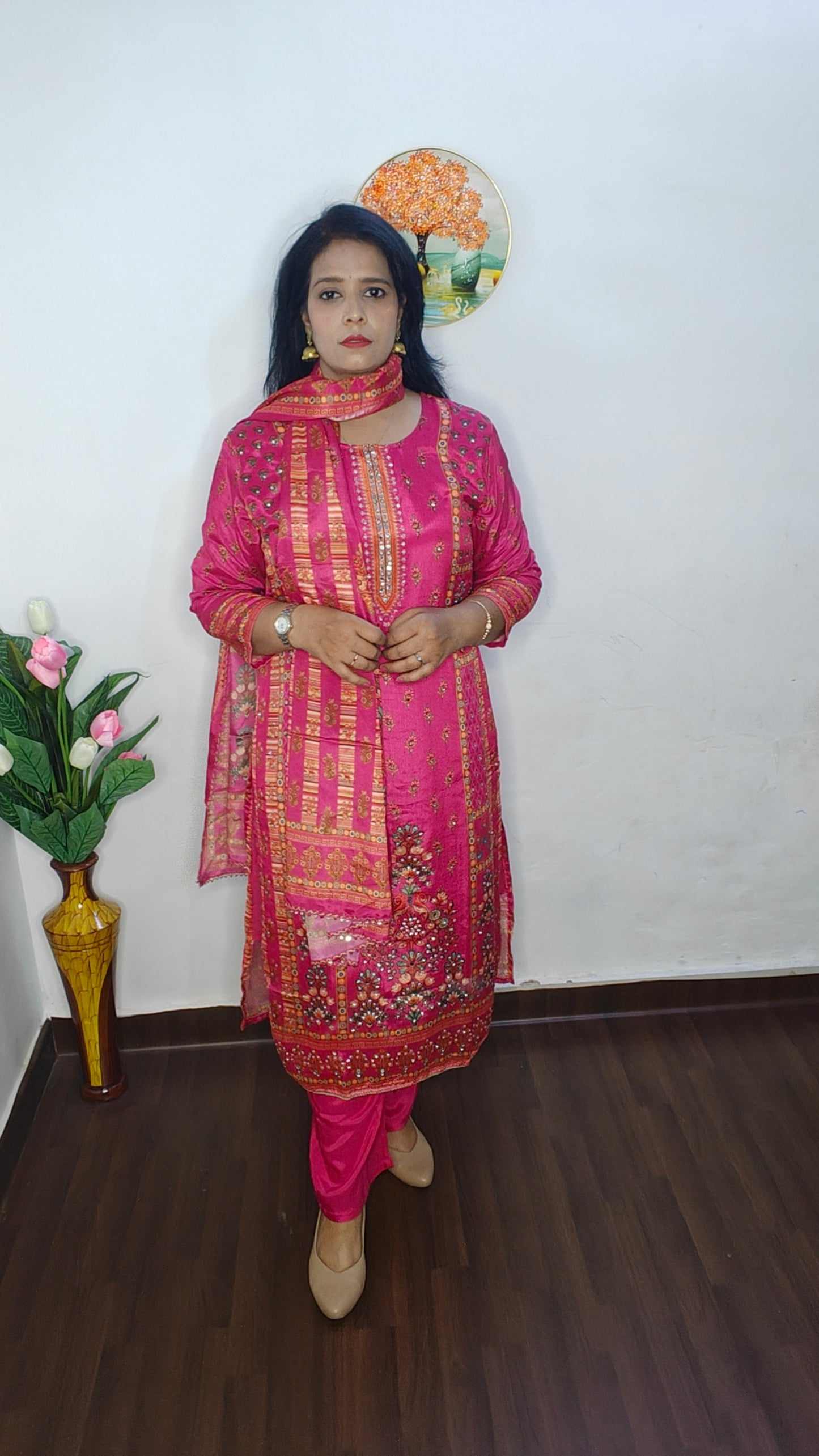 HOT PINK CHINON GOLDEN SEQUIN WITH MIRROR WORK SUIT SET