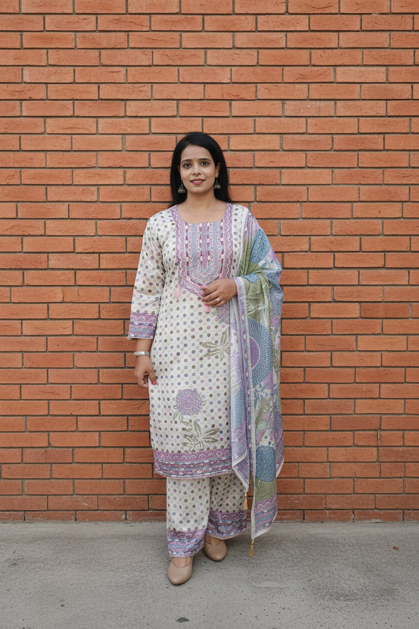 CREAM PEARL EMBROIDERED MUSLIN PALAZZO SUIT SET