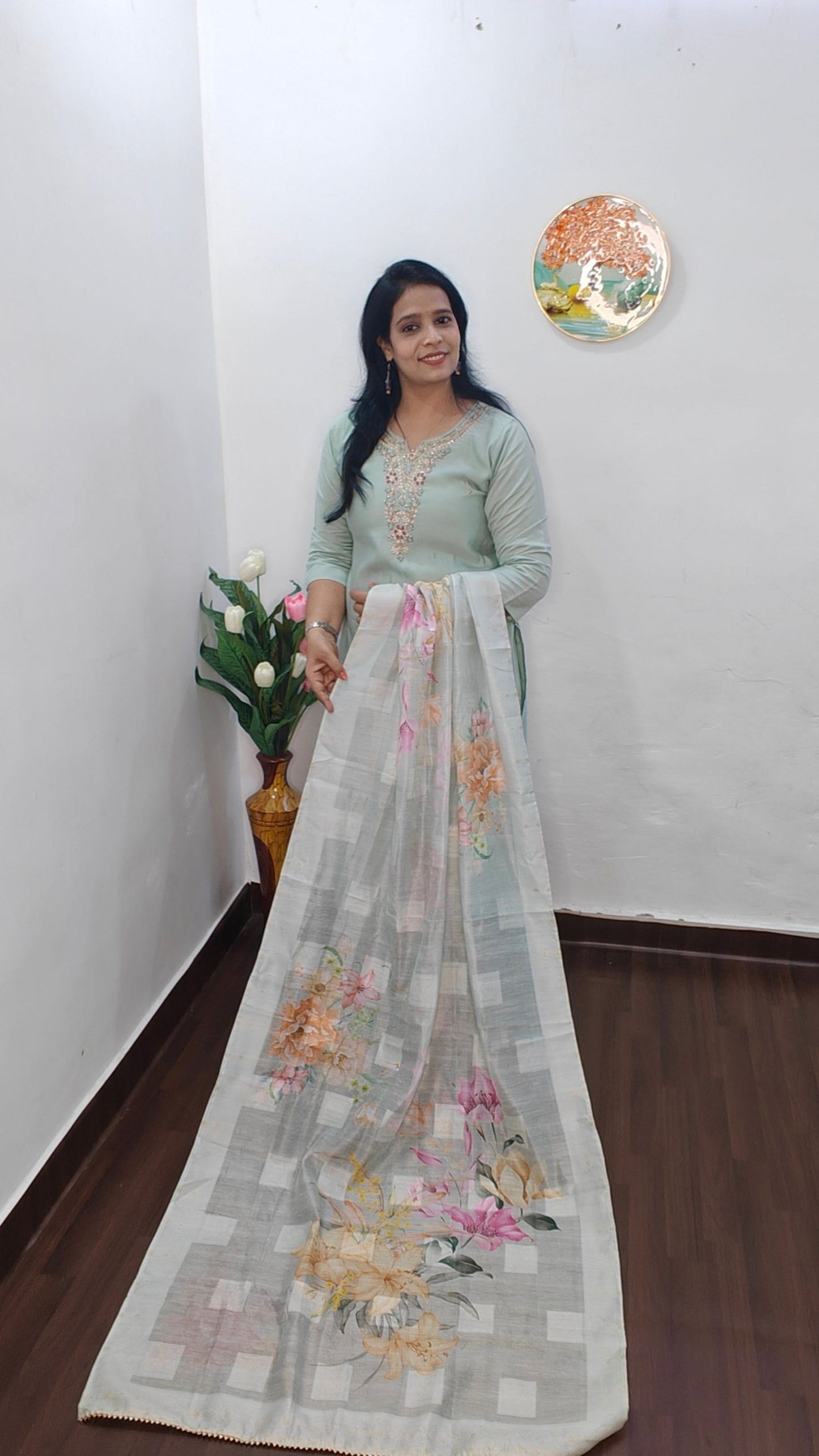 PISTA GREEN EMBRODERED DOLA SILK KURTA SET