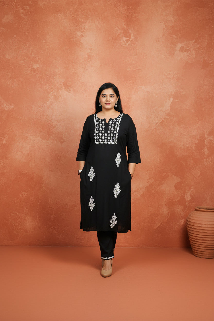 BLACK RAYON EMBROIDERED KURTA SET