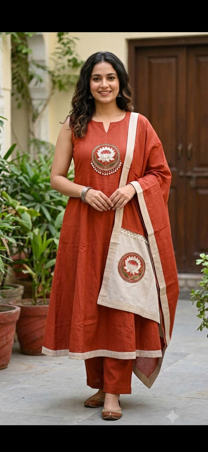 Rust Terracotta Pure Mul Chanderi Suit Set