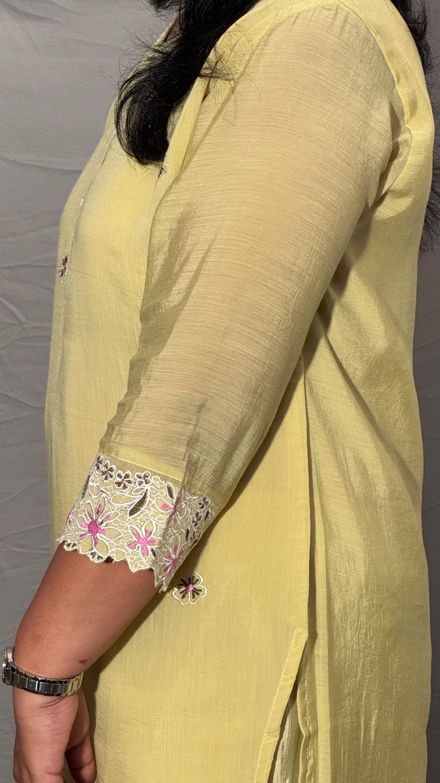 YELLOW MUL CHANDERI EMBROIDERED STRAIGHT SUIT SET