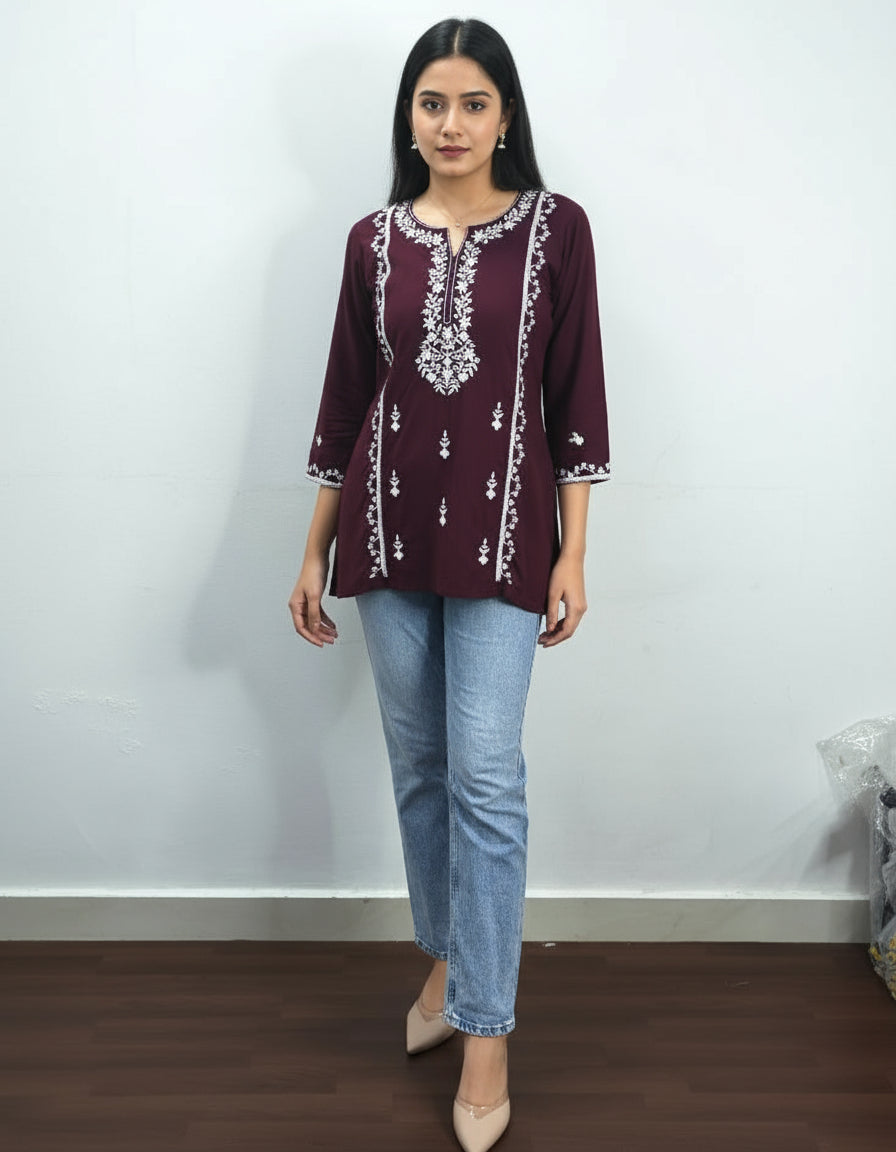 MAROON EMBROIDERED VISCOSE RAYON SHORT KURTI