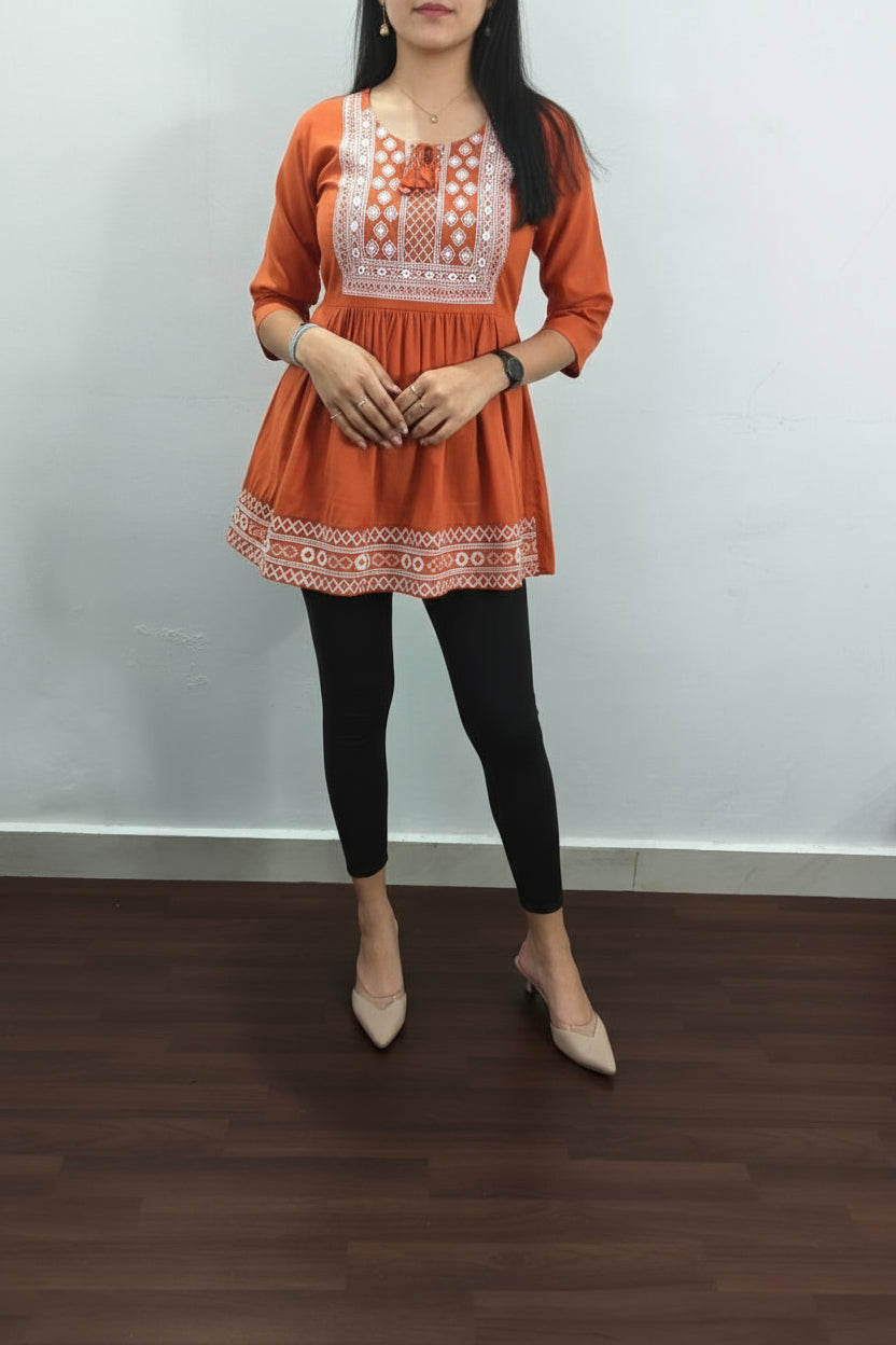 EMBROIDERED RAYON FLARED SHORT KURTI