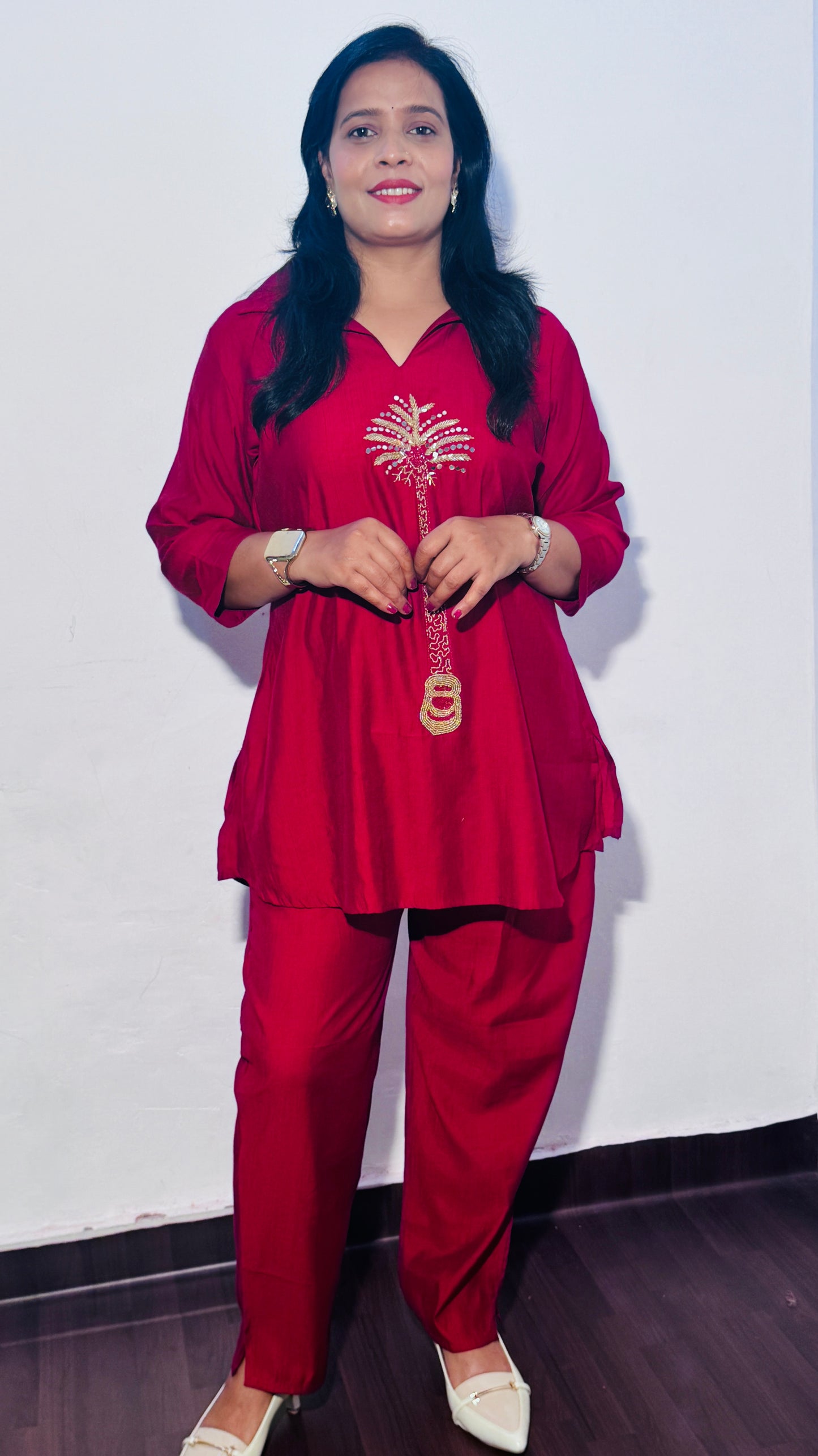 MAROON EMBROIDERED PLAM TREE CO-ORD SET