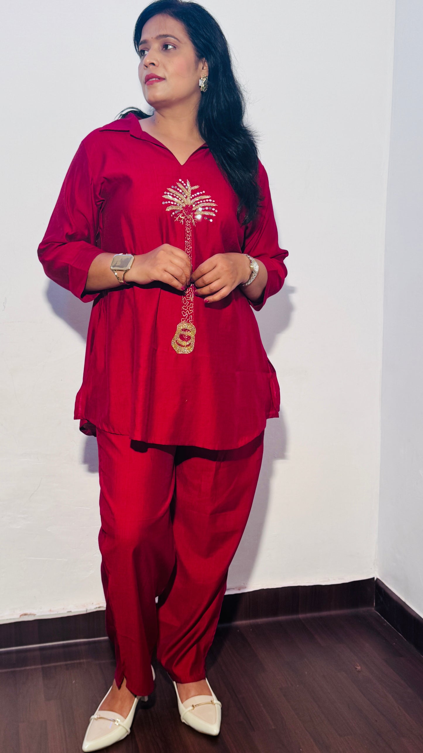 MAROON EMBROIDERED PLAM TREE CO-ORD SET