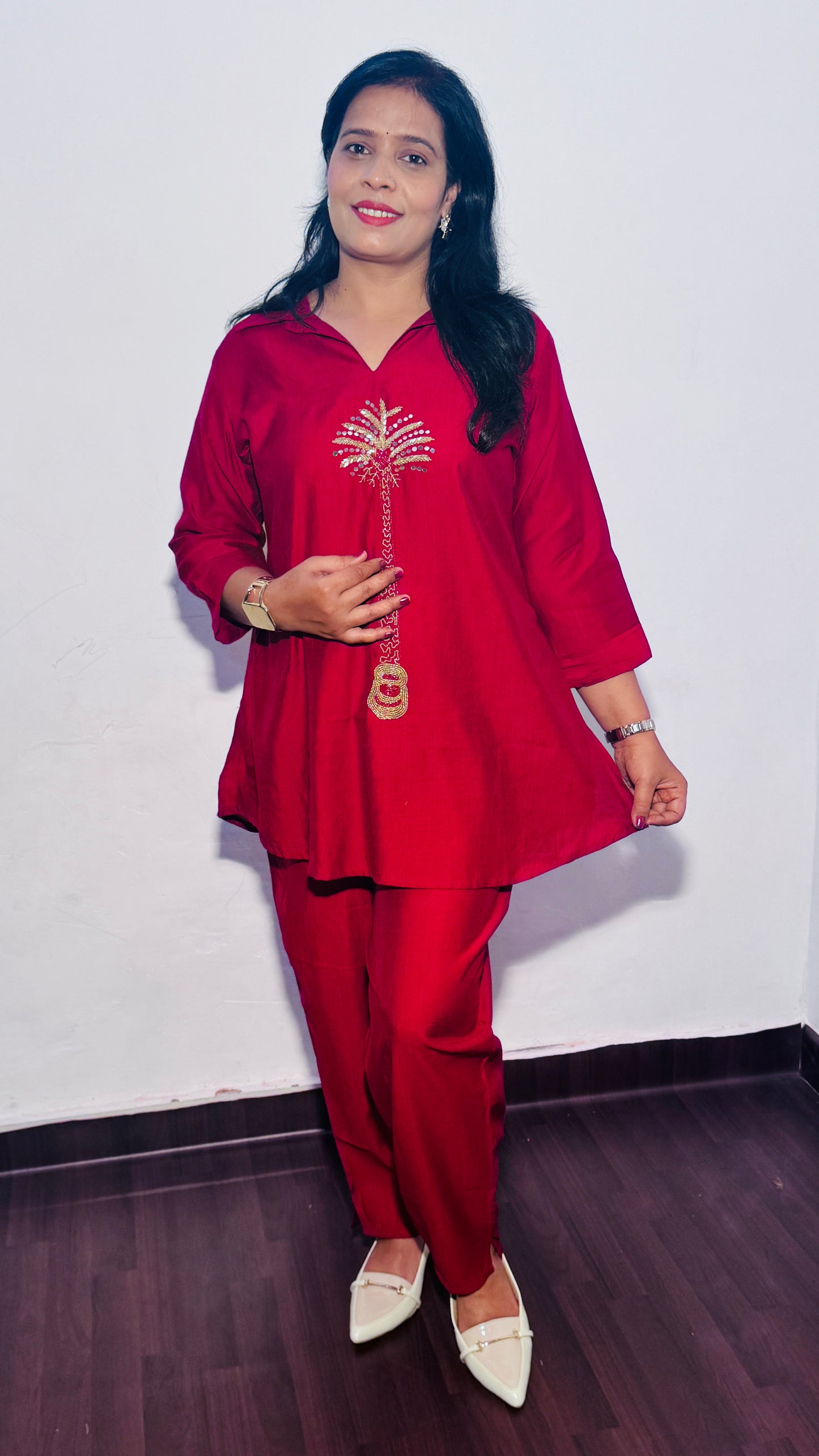 MAROON EMBROIDERED PLAM TREE CO-ORD SET