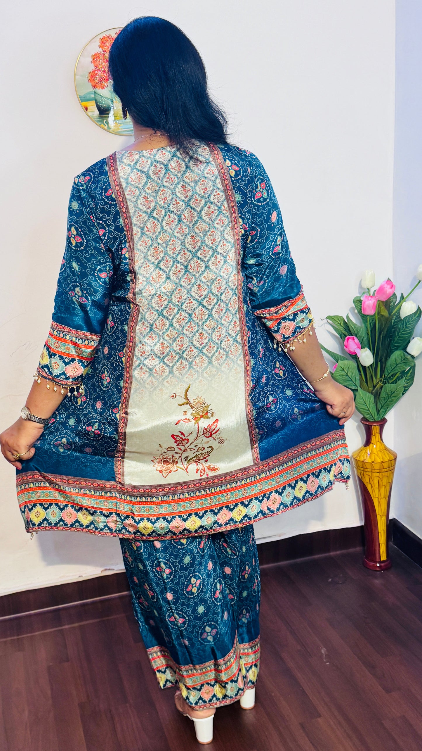 EMBROIDERED NATURAL CREPE BLUE PALAZZO SUIT SET