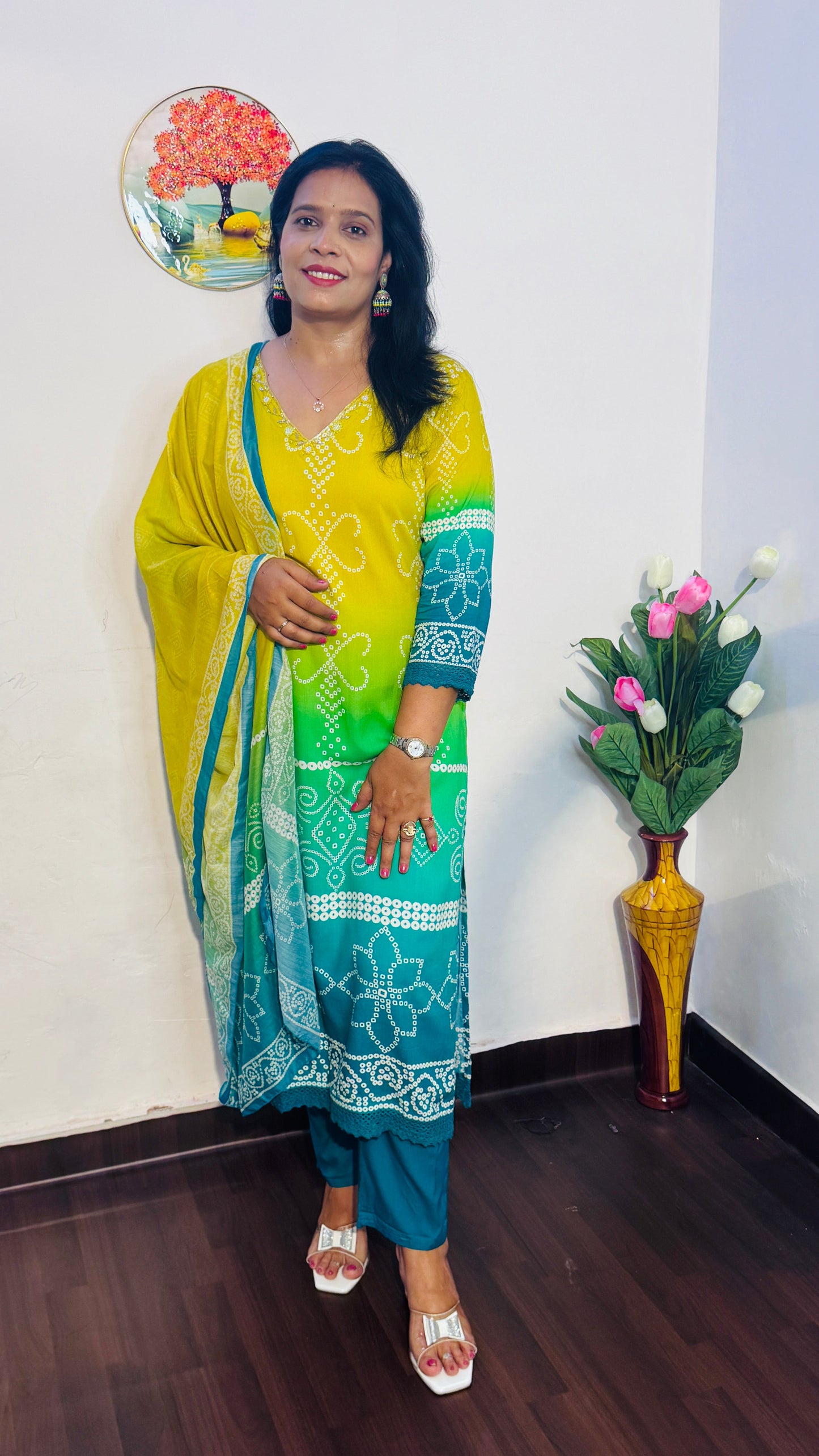 GREEN & BLUE OMBRE VISCOSE RAYON SUIT SET