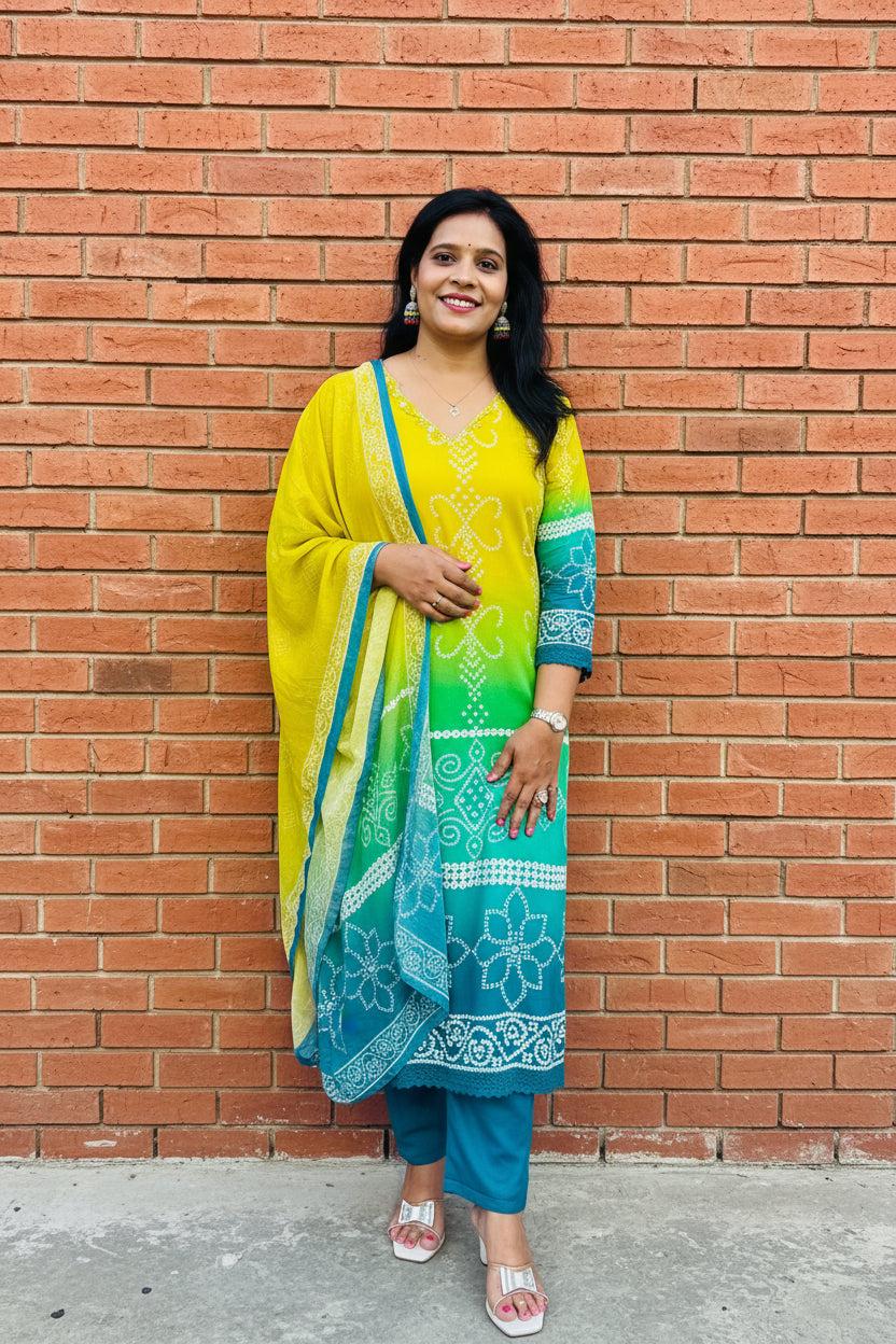 GREEN & BLUE OMBRE VISCOSE RAYON SUIT SET