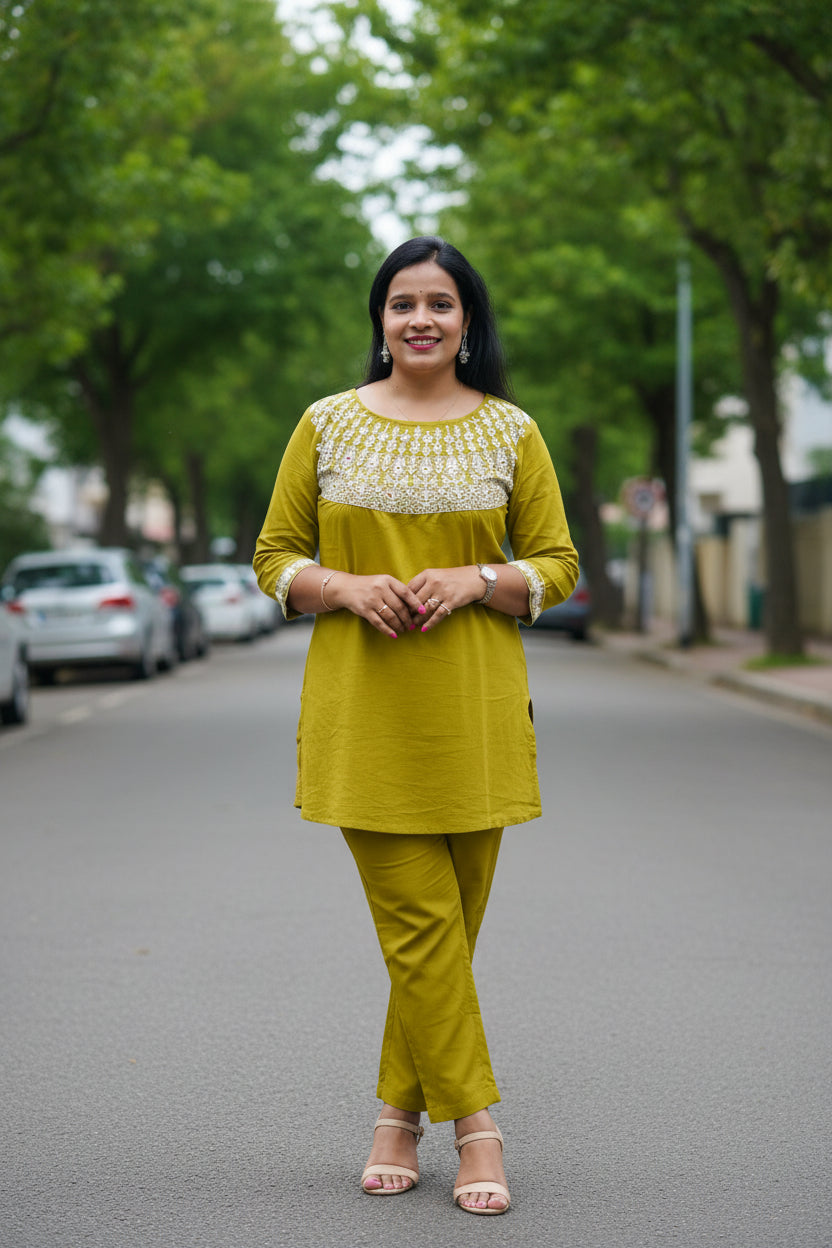 HEENA GREEN EMBROIDERED COTTON CO-ORD SET