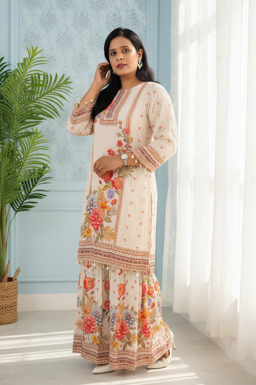 Warm Ivory Butter Crepe Flared Palazzo Suit Set